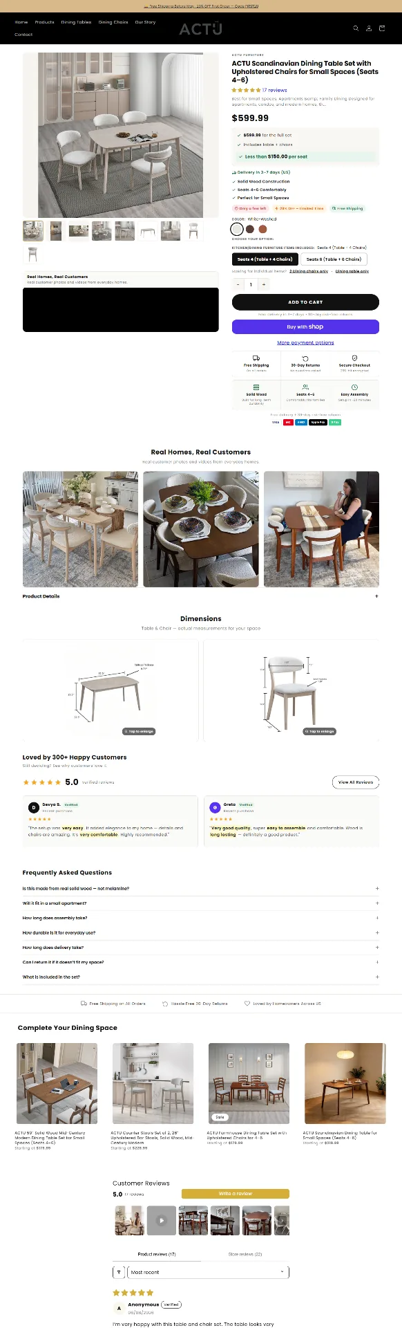 ACTU Furniture Shopify product page showing product options, delivery details and customer reviews