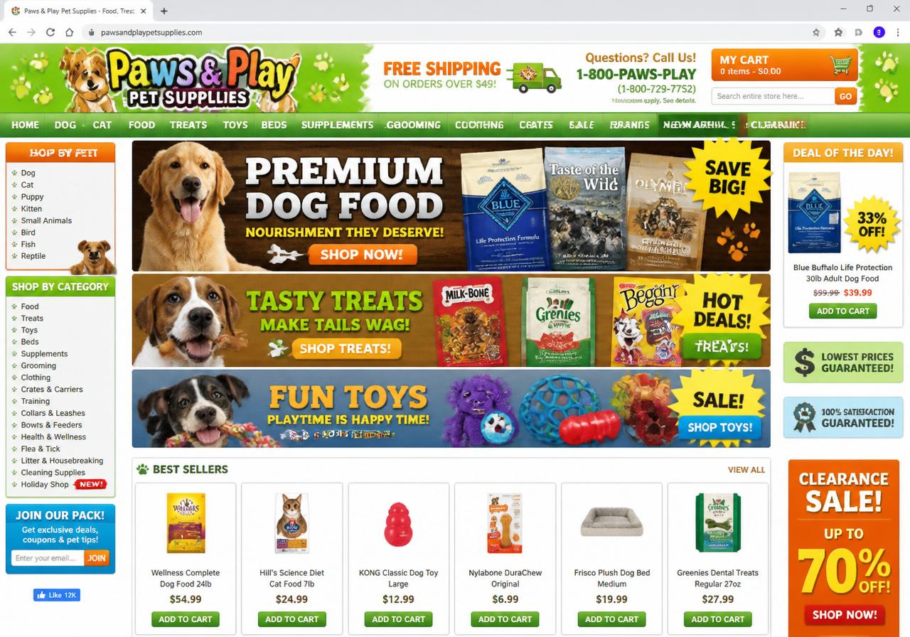 Pet Care & Supplies Shopify store before optimization